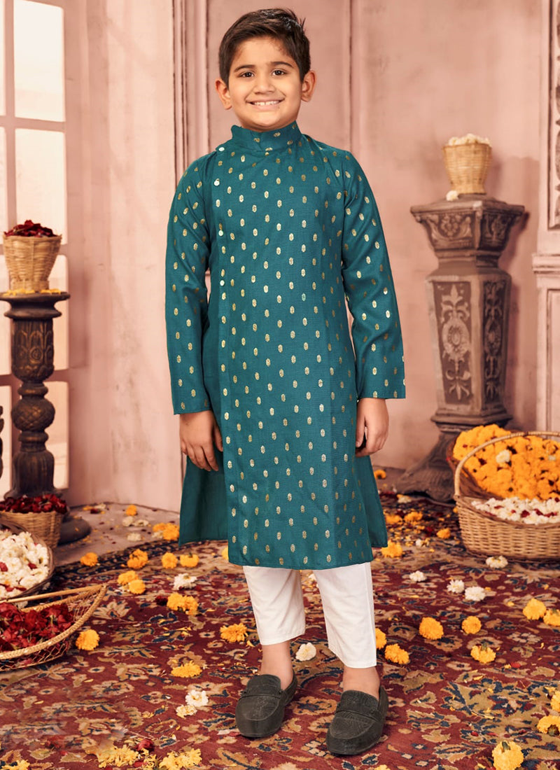 Rama, Pure Cotton,Foil Printed Traditional Kurta Pajama Set for Boys, Cultural Wear - Saree Ghor Charlotte