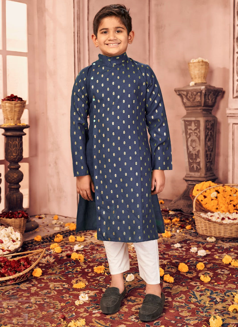 Navy Blue, Pure Cotton, Foil Printed Traditional Kurta Pajama Set for Boys, Cultural Wear - Saree Ghor Charlotte