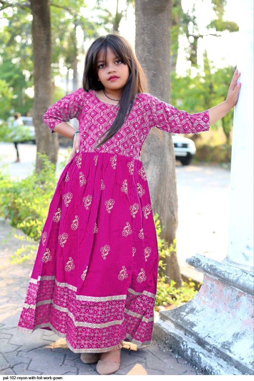 Traditional Foil Printed Gown Suit for Young Girls, Cultural Wear, 08 - Saree Ghor Charlotte
