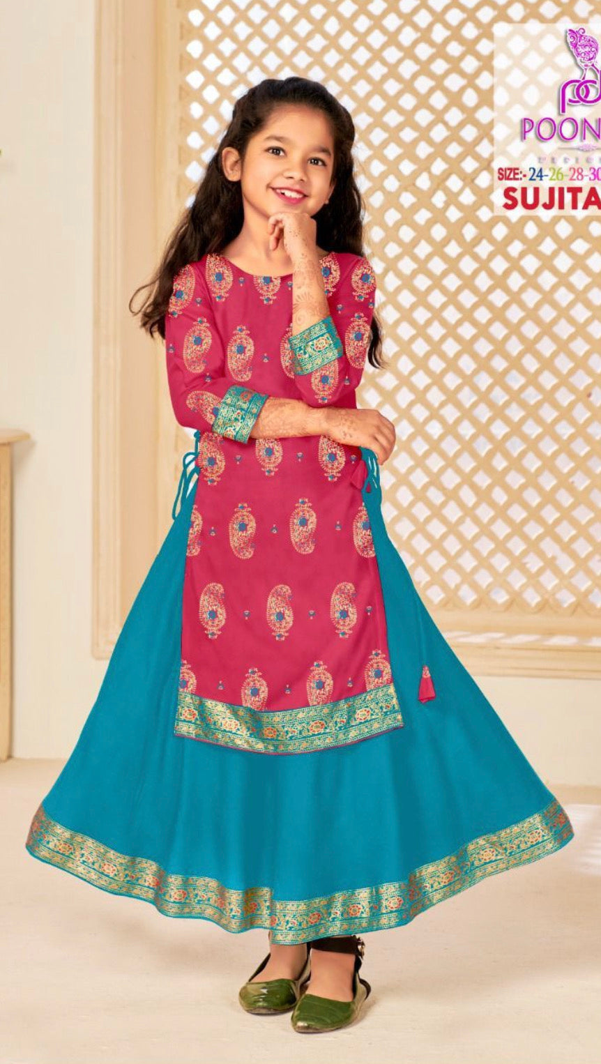 Elegant girls' rayon foil printed gown by Saree Ghor Charlotte, traditional style, cultural wear for ages 4-5, colorful design.
