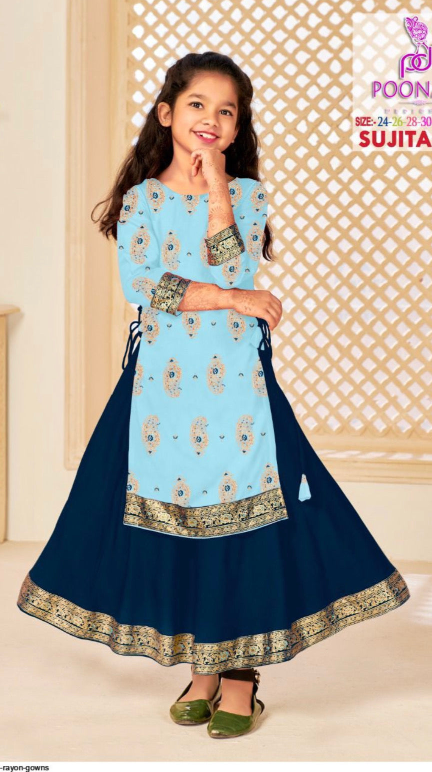 Elegant Girls Rayon Foil Printed Gown,Style Traditional Dress, Cultural Wear, 13 - Saree Ghor Charlotte