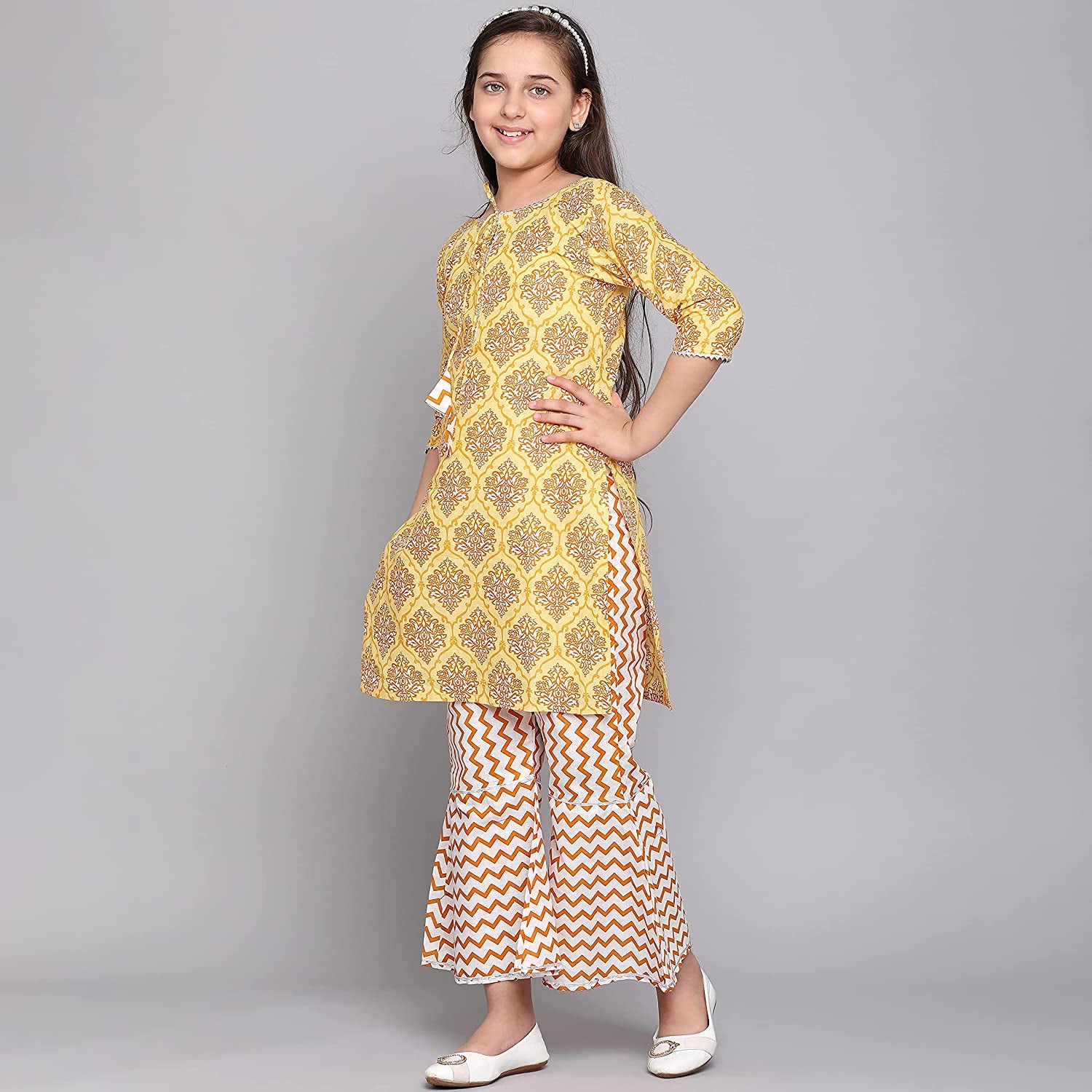 Girls traditional cotton kurti set with matching pants, colorful ethnic wear for kids, by Saree Ghor Charlotte.