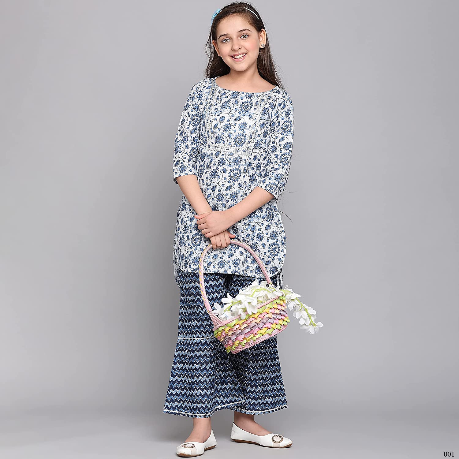 Traditional cotton kurti set with matching pants for girls, cultural ethnic wear for kids, by Saree Ghor Charlotte.