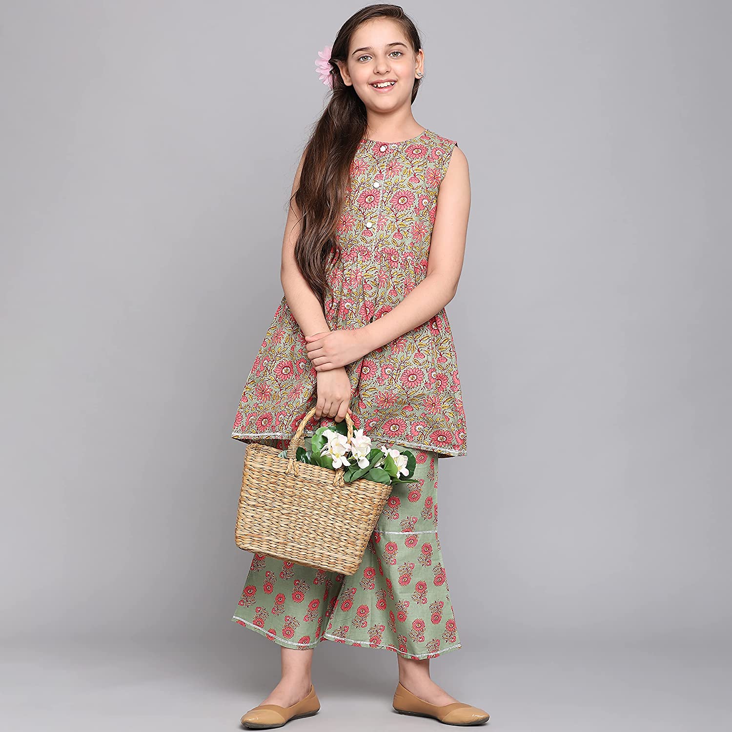 Traditional cotton kurti set with matching pants for girls aged 4-5 by Saree Ghor Charlotte, showcasing ethnic wear for kids.