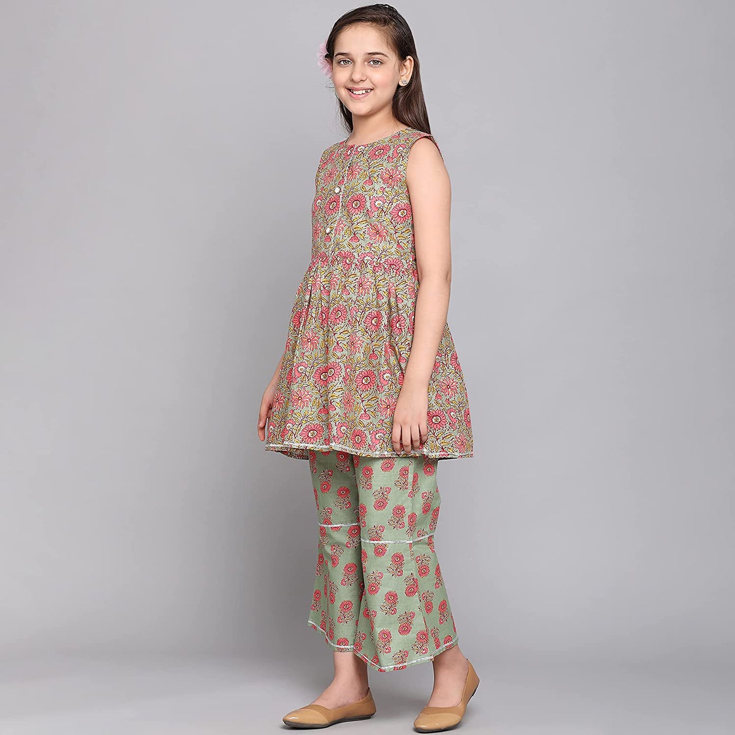 Traditional Cotton Kurti Set with Pant for Girls - Ethnic Wear for Kids-03 - Saree Ghor Charlotte