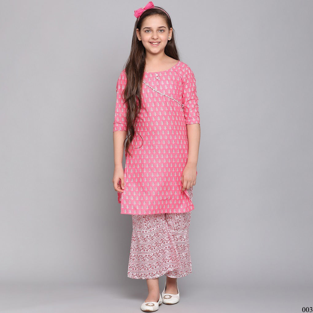 Girls traditional cotton Kurti set with matching pants from Saree Ghor Charlotte, featuring vibrant ethnic design for kids.