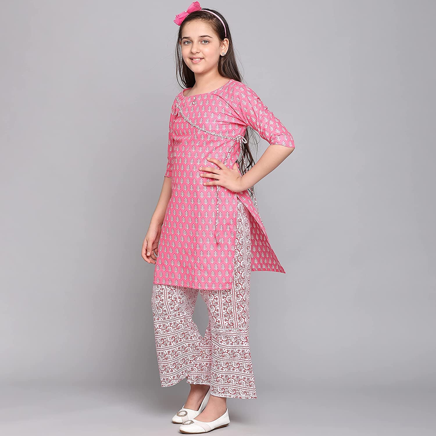 Traditional cotton kurti set with pants for girls, vibrant ethnic wear by Saree Ghor Charlotte, suitable for kids aged 4-5 years.