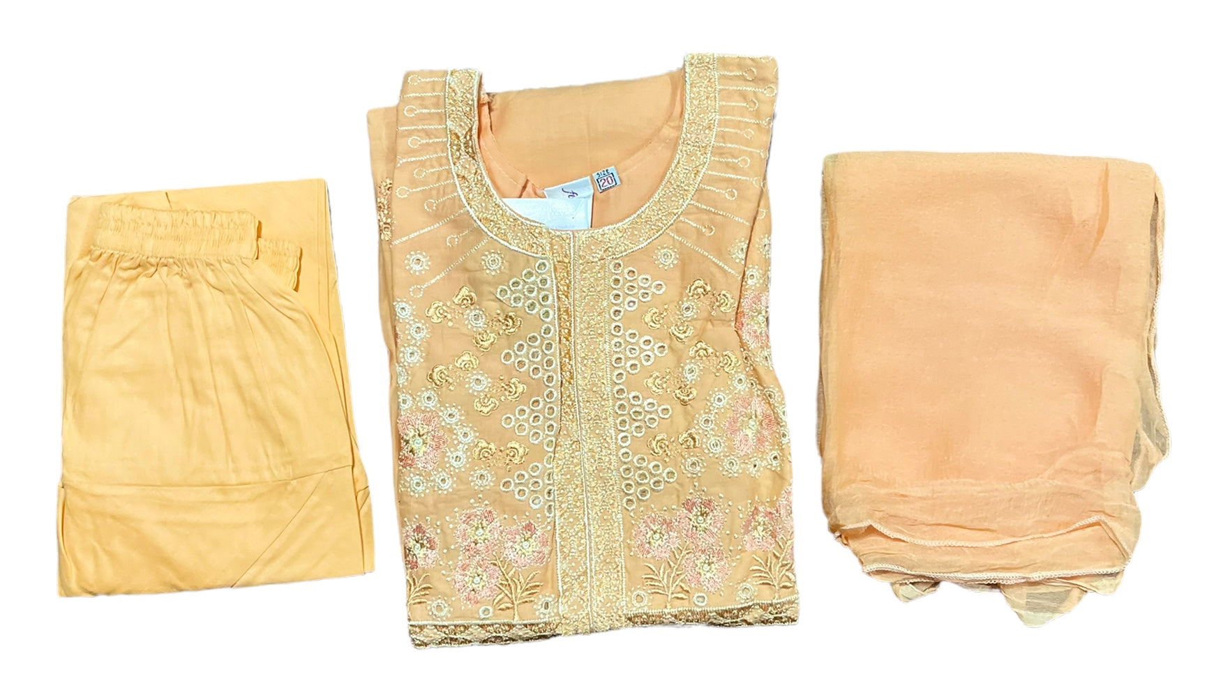 Traditional cotton salwar kameez suit for girls aged 4-5 by Saree Ghor Charlotte, ethnic wear with colorful patterns.