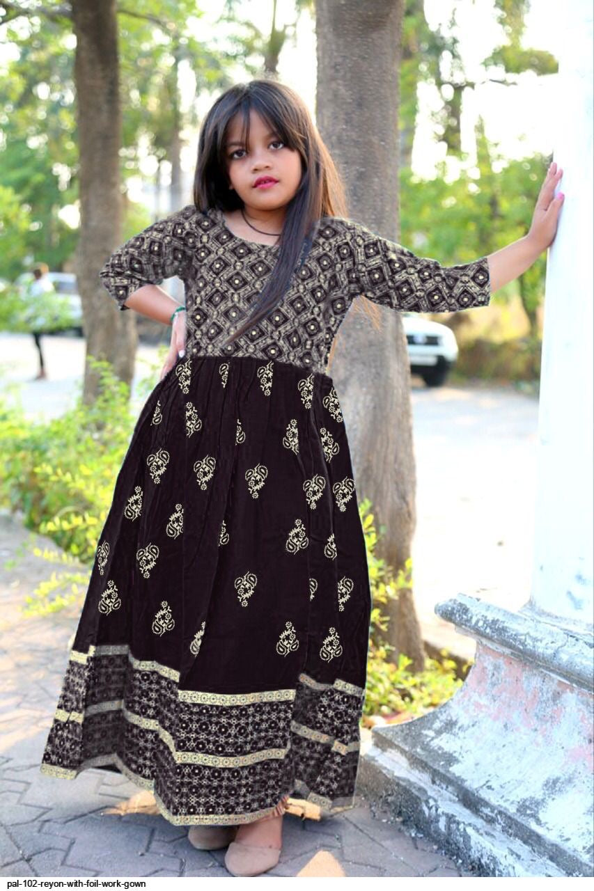 Traditional Foil Printed Gown Suit for Young Girls, Cultural Wear,  B - Saree Ghor Charlotte