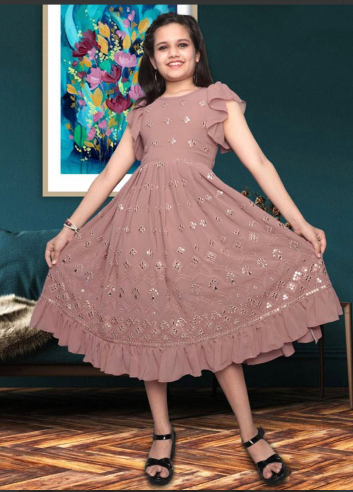 Radiant Peach, Traditional  Party Wear Georgette Embroidery Mirror Work Frock For Girls - Saree Ghor Charlotte