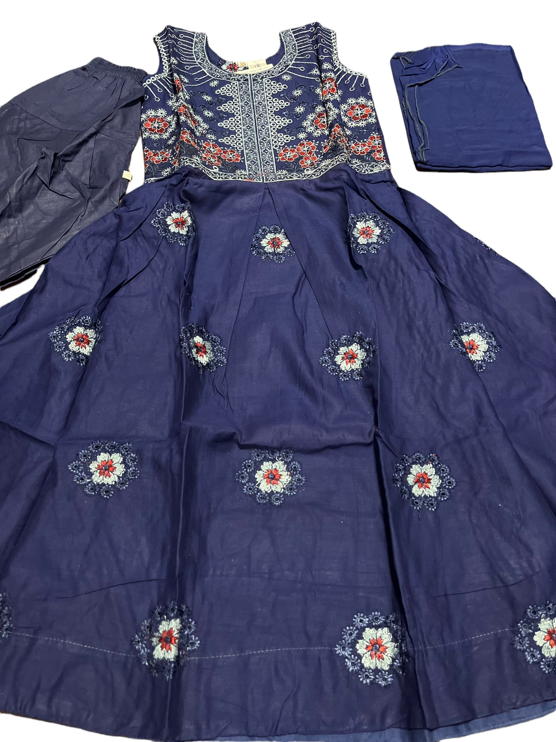 Traditional cotton salwar kameez suit for girls aged 5-6, ethnic wear by Saree Ghor Charlotte, featuring colorful fabric and embroidery.