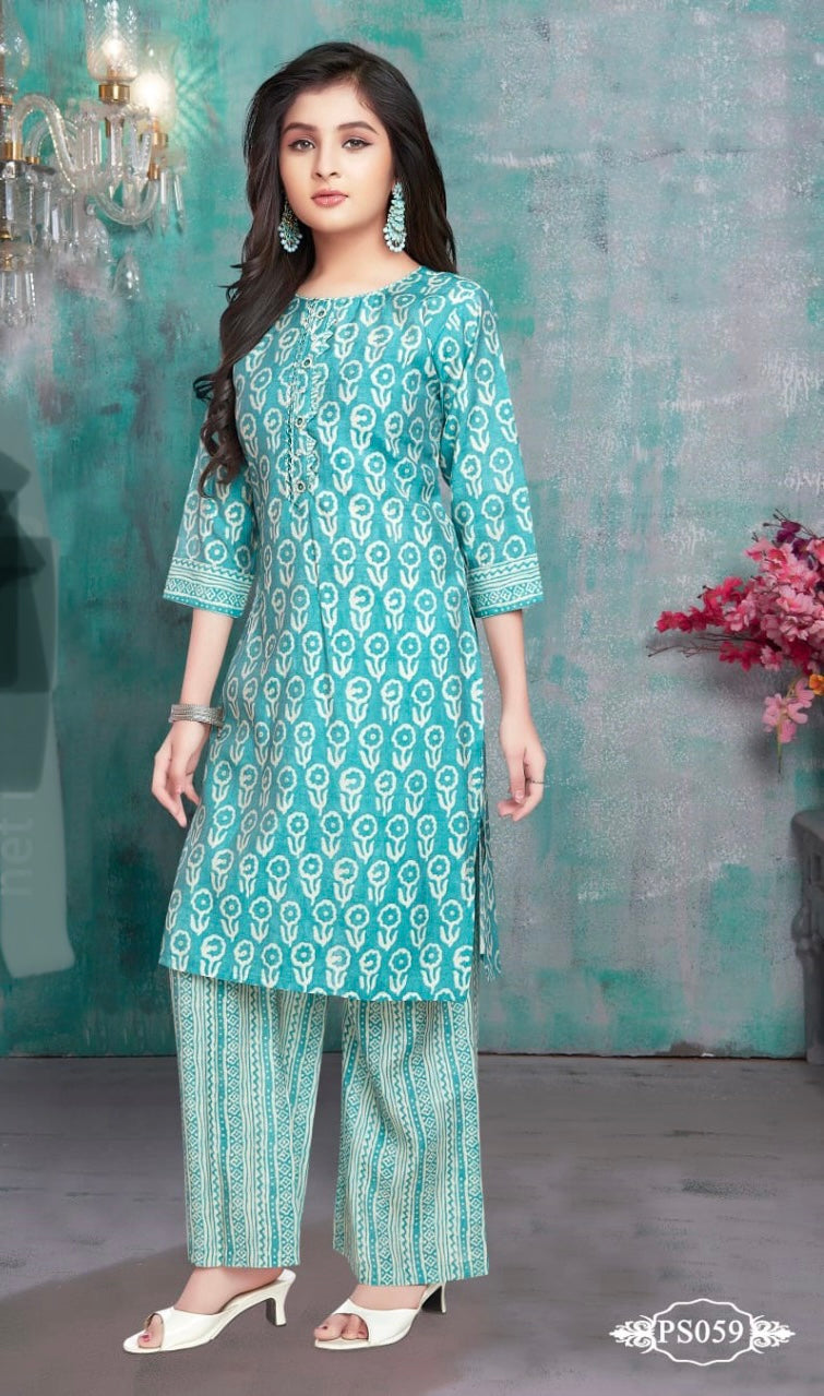 Sky blue traditional Salwar Kameez for girls, ethnic wear by Saree Ghor Charlotte, featuring a colorful dupatta and intricate embroidery.