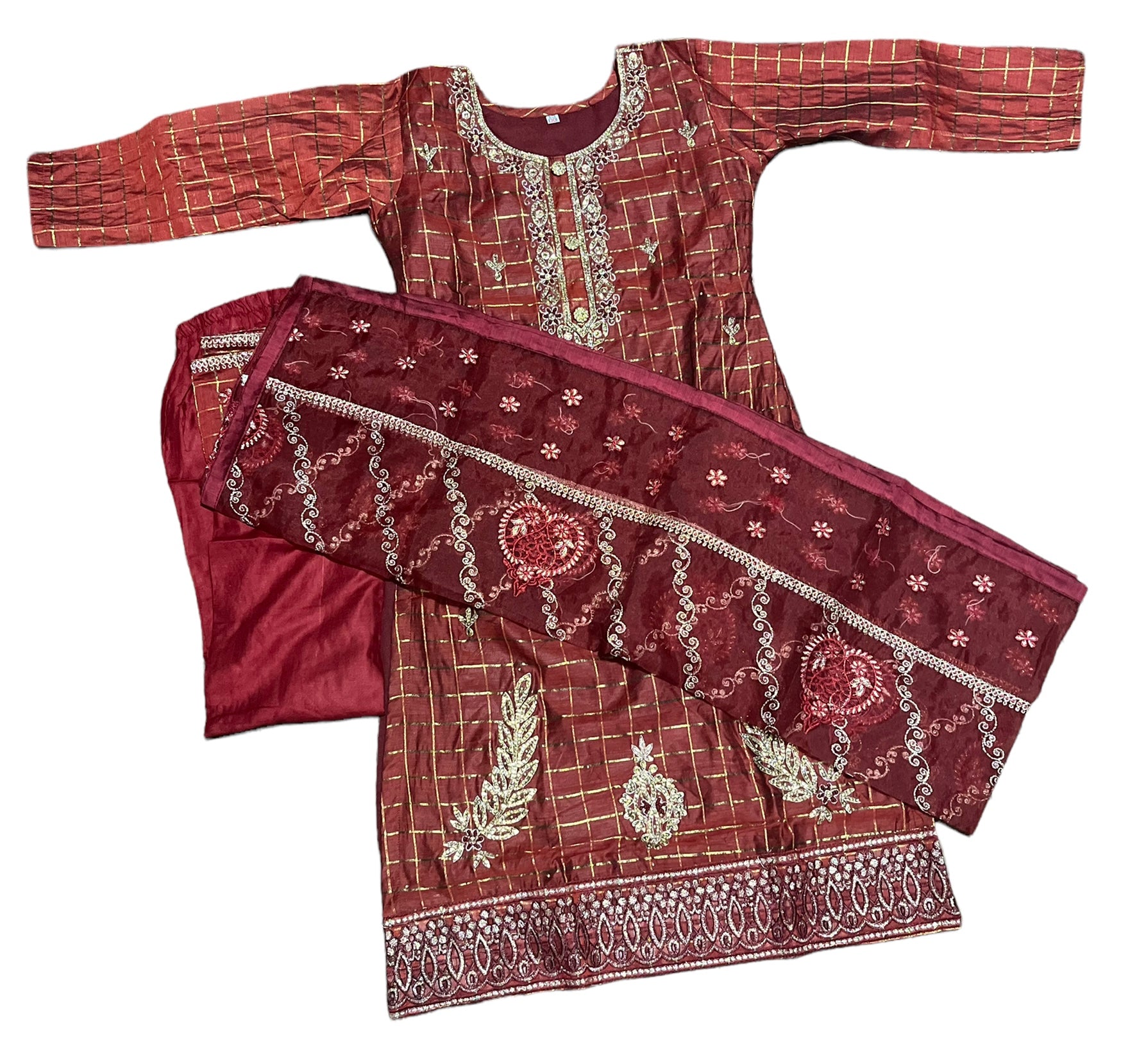 Traditional cotton Salwar Kameez set for girls, ethnic wear by Saree Ghor Charlotte, for ages 6-7, featuring vibrant colors and embroidery.