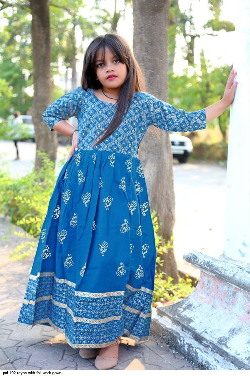 Traditional Foil Printed Gown Suit for Young Girls, Cultural Wear, F - Saree Ghor Charlotte