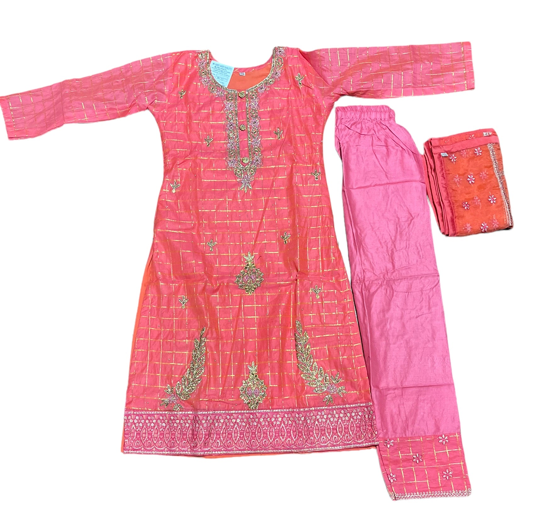 Traditional cotton Salwar Kameez set for girls, ethnic wear by Saree Ghor Charlotte, for ages 7-8 years, with vibrant colors and patterns.