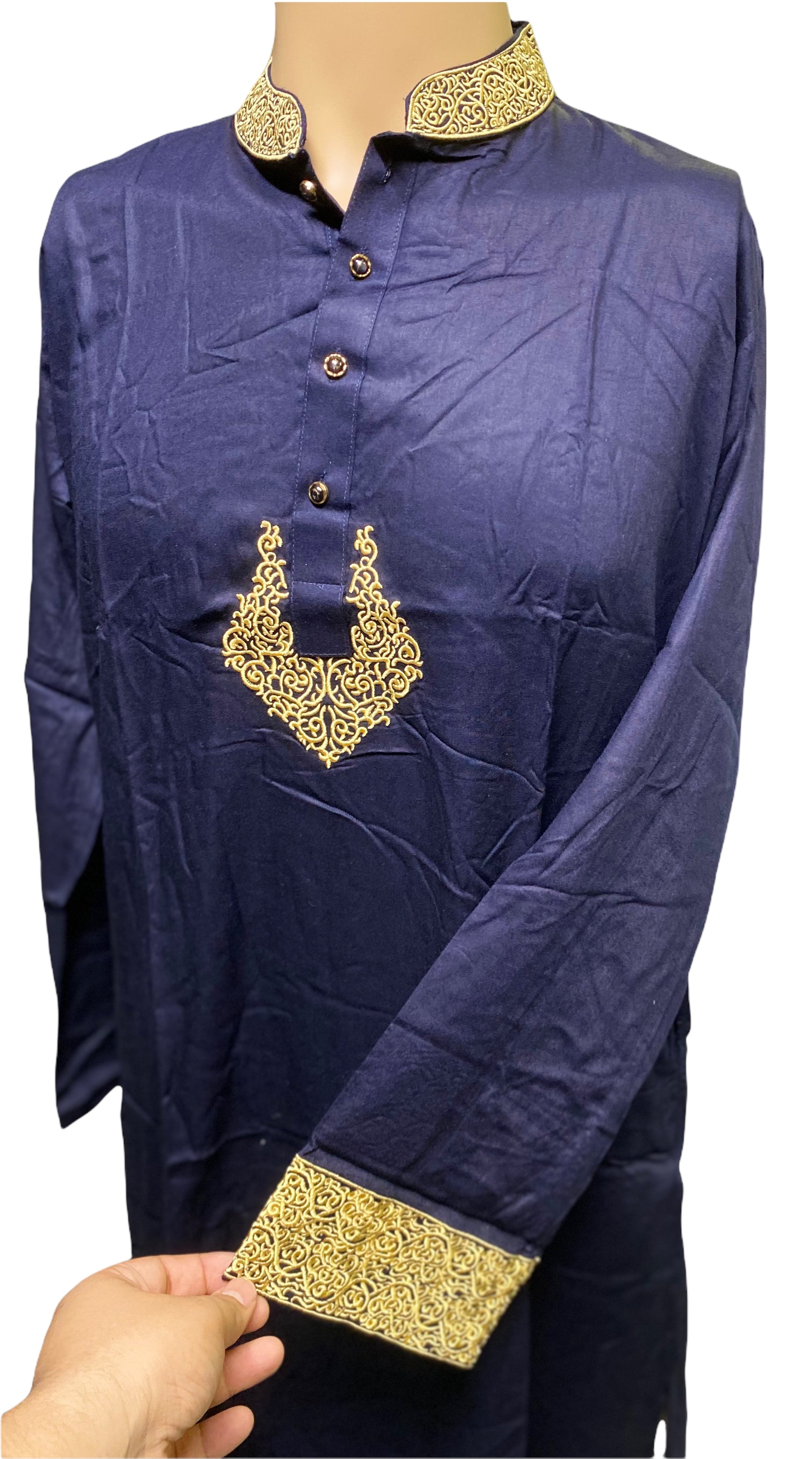 Navy blue traditional men's cotton kurta by Saree Ghor Charlotte, soft high-quality fabric, classic design for men.