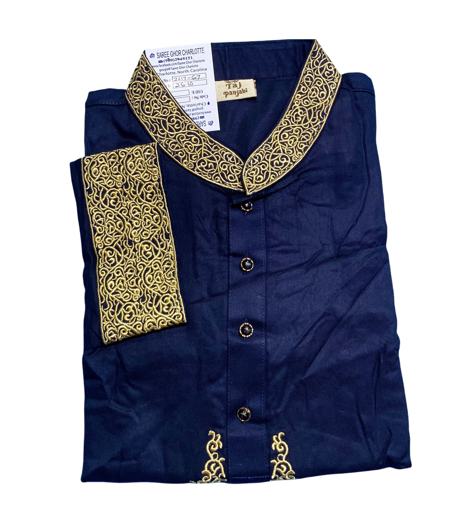 Navy Blue- Traditional Men's Soft Cotton High Quality Kurta - Saree Ghor Charlotte