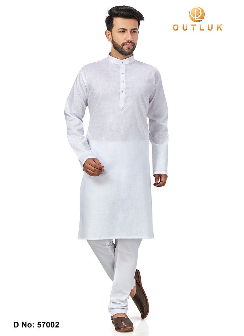 White Outluk 57 cotton kurta with matching pajama set for men, casual cultural wear by Saree Ghor Charlotte.