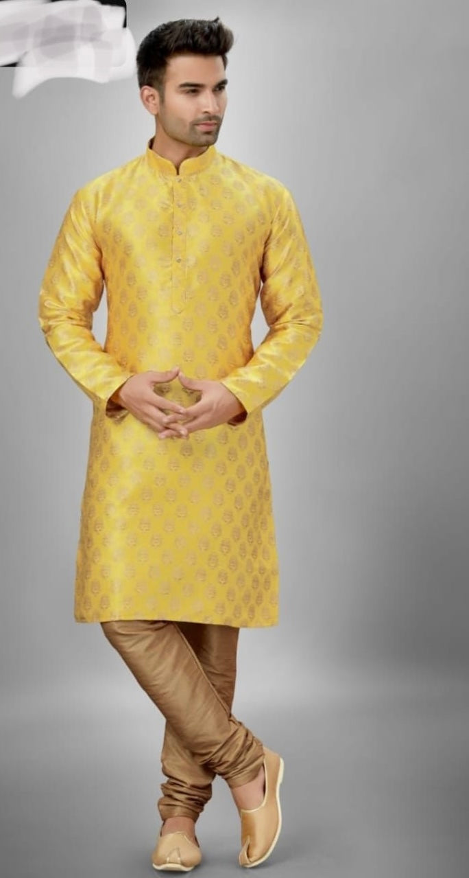 Men's Traditional Yellow Silk Kurta Pajama, 6321 - Saree Ghor Charlotte