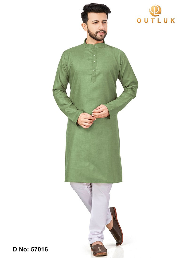 Parrot green Outluk 57 cotton men's kurta with matching pajama set, traditional ethnic wear by Saree Ghor Charlotte.