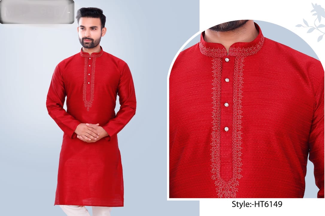 Traditional men's silk kurta and pajama in vibrant colors, featuring intricate embroidery, from Saree Ghor Charlotte.