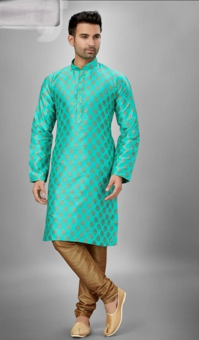 Men's traditional silk Kurta and Pajama by Saree Ghor Charlotte, featuring intricate ethnic design in vibrant colors.