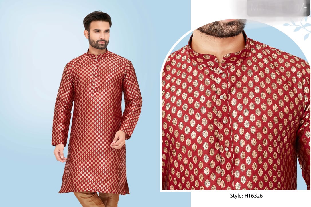 Traditional silk men's kurta and pajama by Saree Ghor Charlotte, featuring intricate embroidery and classic ethnic design.