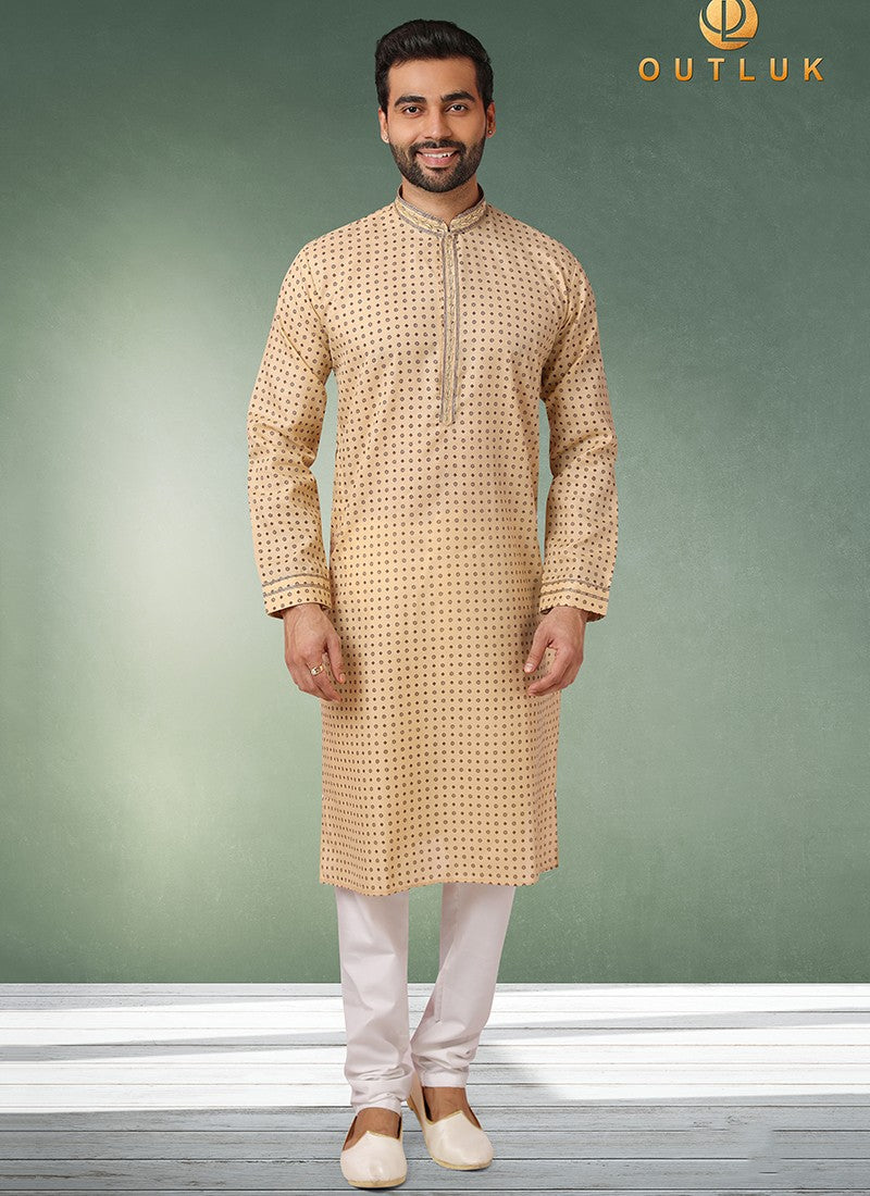 Beige Bliss men's kurta pajama by Saree Ghor Charlotte, pure cotton digital print ethnic wear for men.