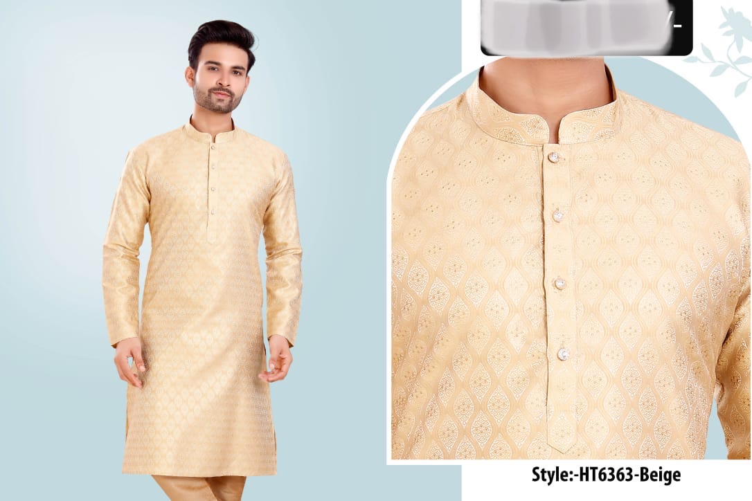 Beige stylish men's silk kurta pajama by Saree Ghor Charlotte, traditional ethnic wear for men, with intricate detailing.