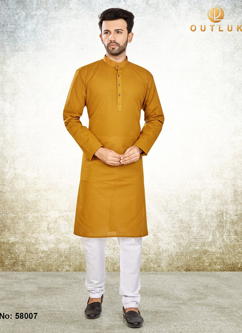 Mustard festive men's kurta pajama by Saree Ghor Charlotte, traditional ethnic wear for celebrations and festive occasions.