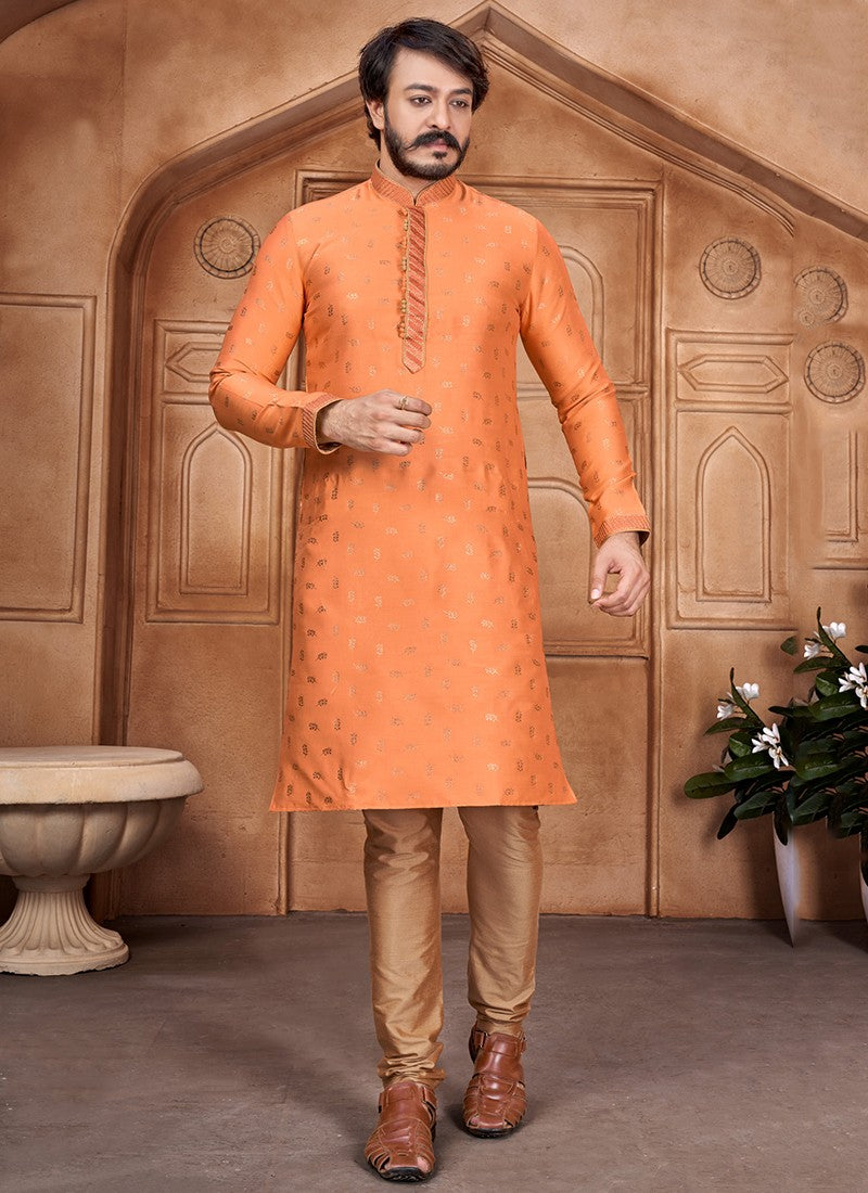Orange Delight men's jacquard silk kurta with matching pajama, traditional party wear by Saree Ghor Charlotte.