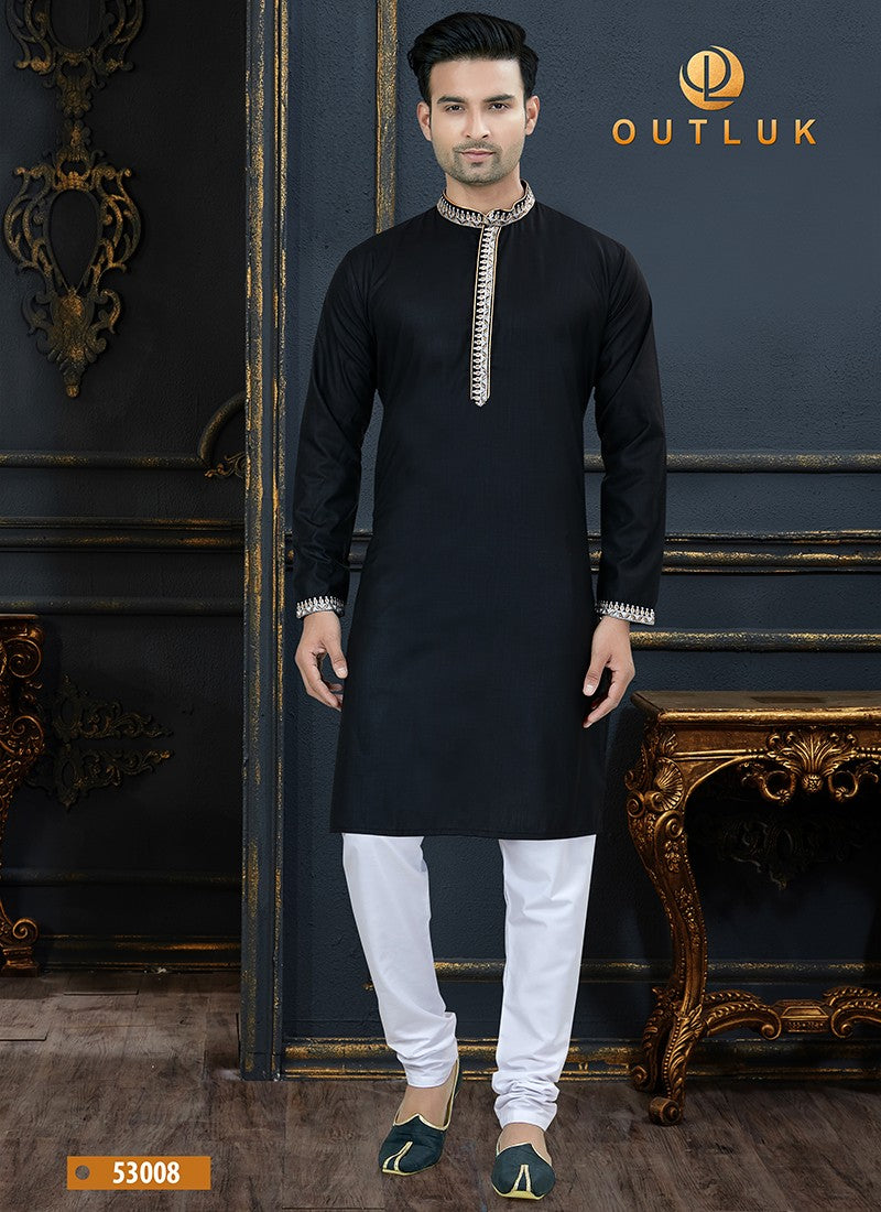 Black men's cotton kurta and pajama set by Saree Ghor Charlotte, stylish festive designer ethnic wear for men.