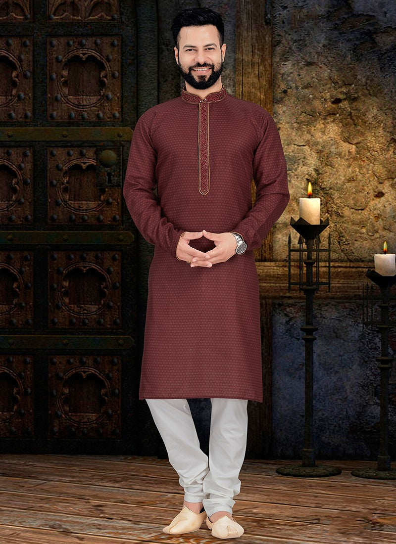 Maroon digital print cotton men's kurta and pajama set by Saree Ghor Charlotte, traditional ethnic wear for men.