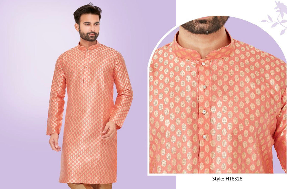 Pink men's traditional silk kurta and pajama set by Saree Ghor Charlotte, stylish and comfortable for special occasions.