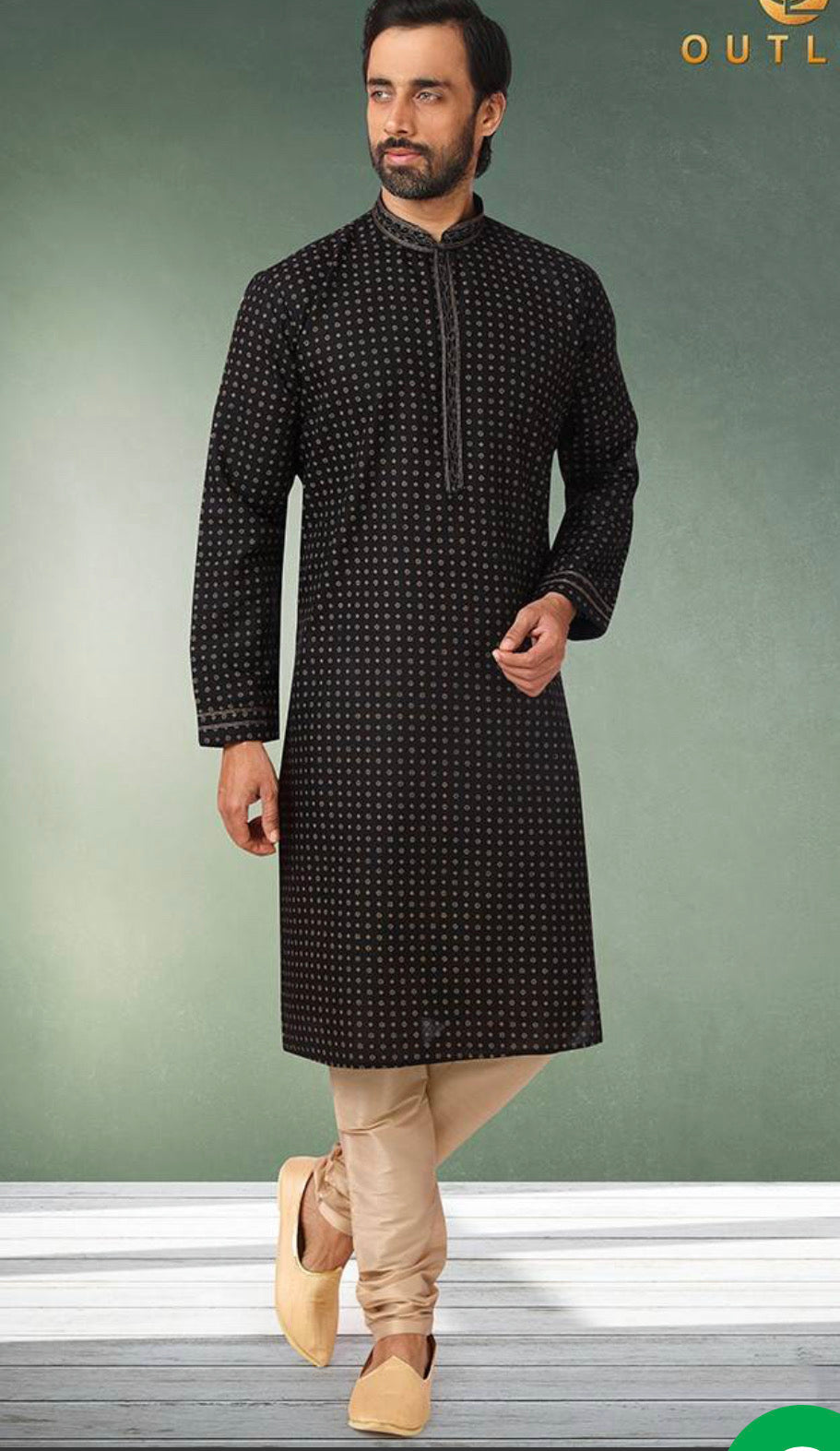 Black cotton men's kurta with pajama set by Saree Ghor Charlotte, traditional ethnic wear for men, shown on a male model.