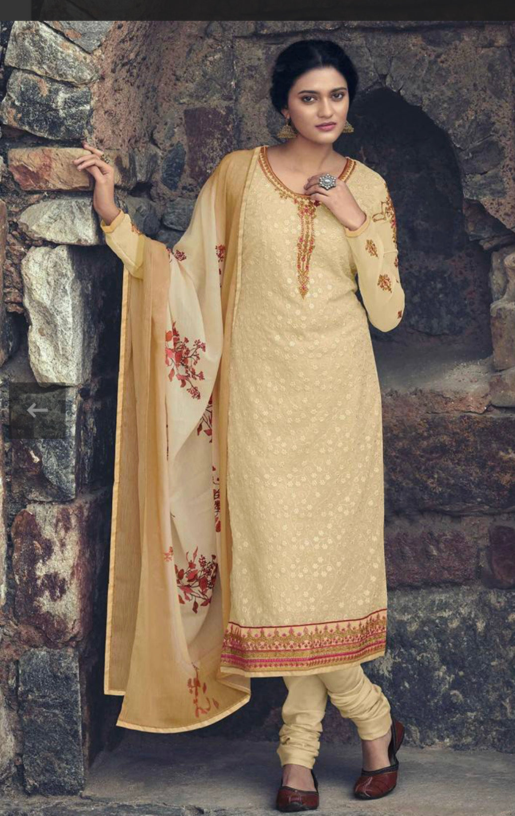 Cream Patola embroidered faux Georgette Salwar Kameez for women, traditional ethnic wear with intricate embroidery.