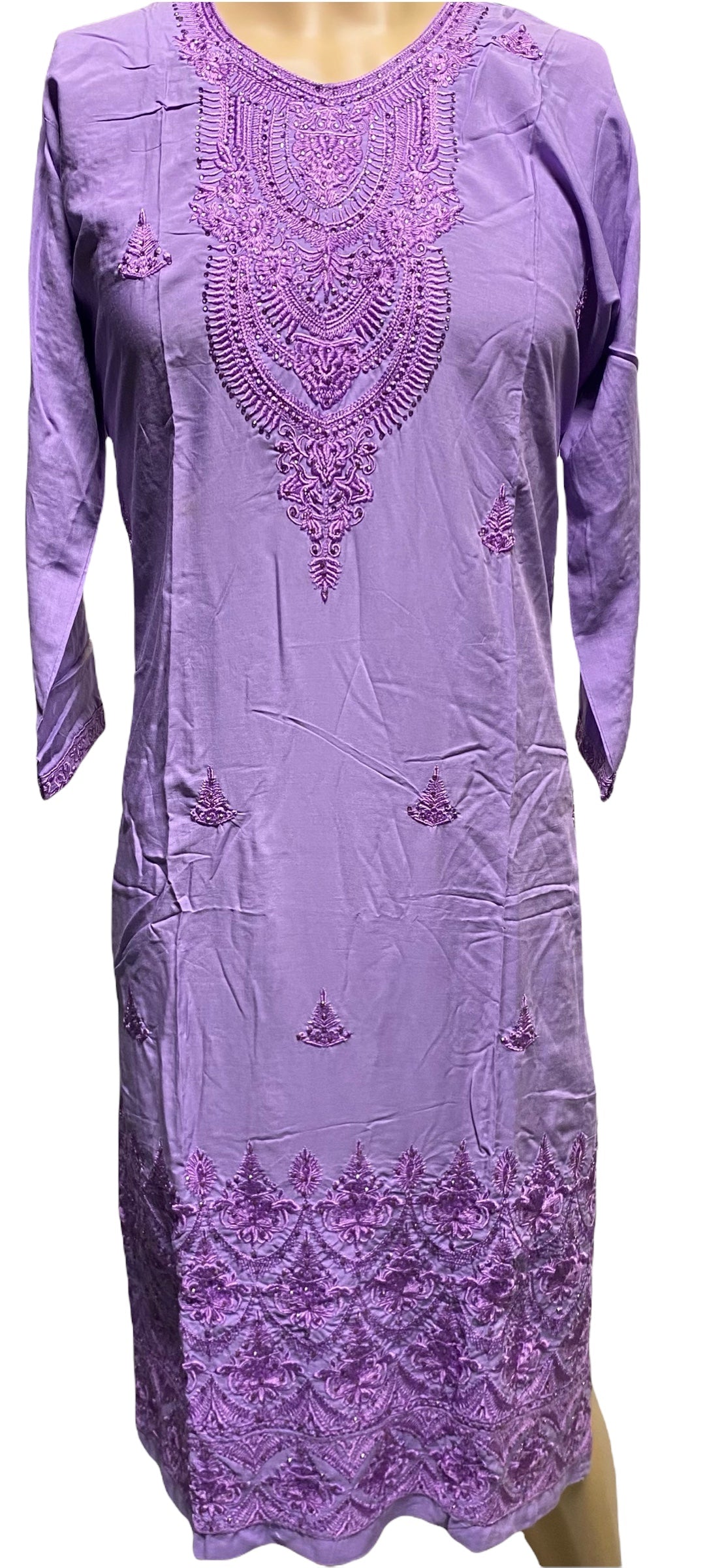 Traditional embroidered cotton long sleeve Salwar Kameez suit by Saree Ghor Charlotte, with intricate embroidery and ethnic design.