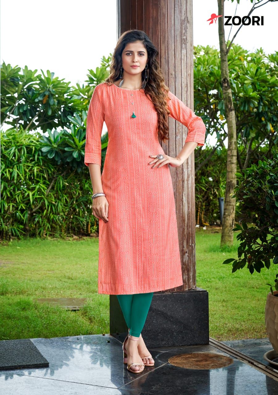 Zoori traditional rayon print kurti for women, part of Saree Ghor Charlotte's ethnic salwar kameez collection, showcasing vibrant patterns.