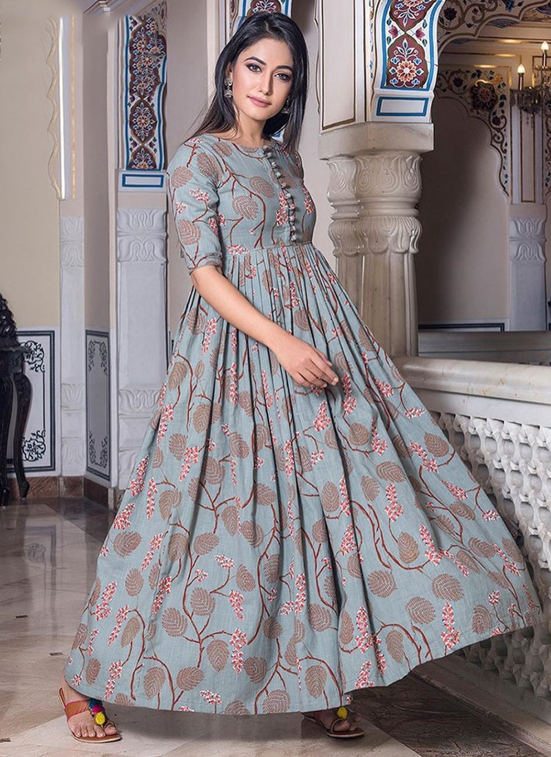 Grey muslin printed traditional salwar kameez gown by Saree Ghor Charlotte, showcasing intricate ethnic work and traditional design.