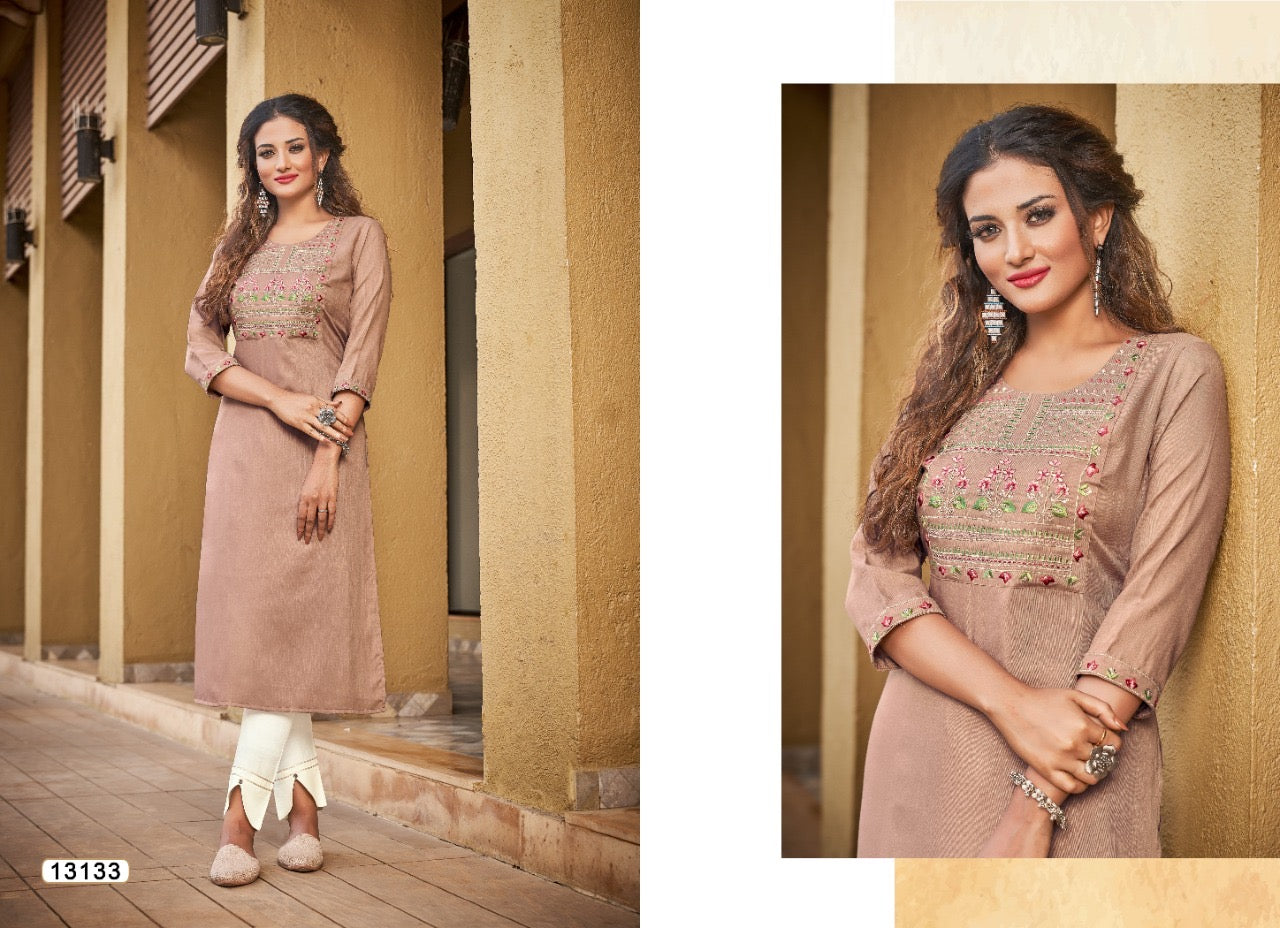 Kivi Liza traditional designer rayon kurti with embroidery work, cultural women's salwar kameez by Saree Ghor Charlotte.