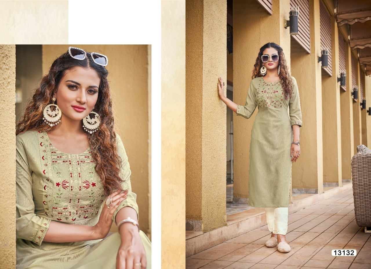 Traditional Kivi Liza rayon kurti with embroidery, cultural women’s salwar kameez by Saree Ghor Charlotte, showcasing intricate embroidery details.