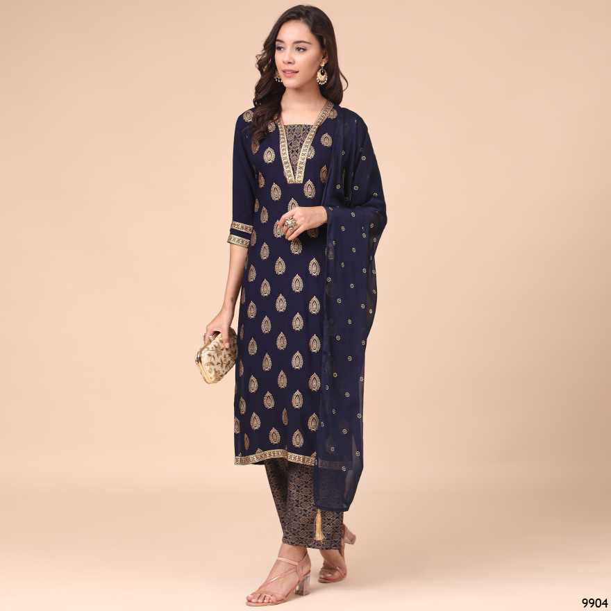 Traditional designer wear Kurti with pant and dupatta set by Saree Ghor Charlotte, showcasing vibrant ethnic Salwar Kameez for women.