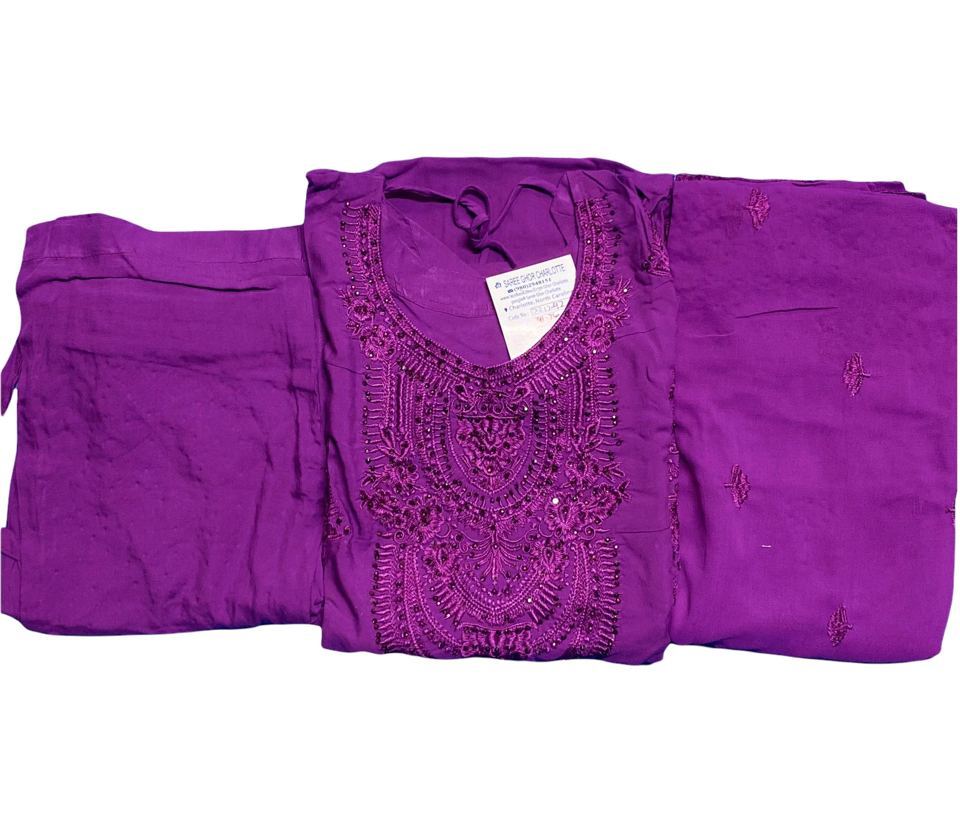 Traditional embroidery cotton Salwar Kameez suit for women, long sleeves, cultural ethnic wear by Saree Ghor Charlotte.