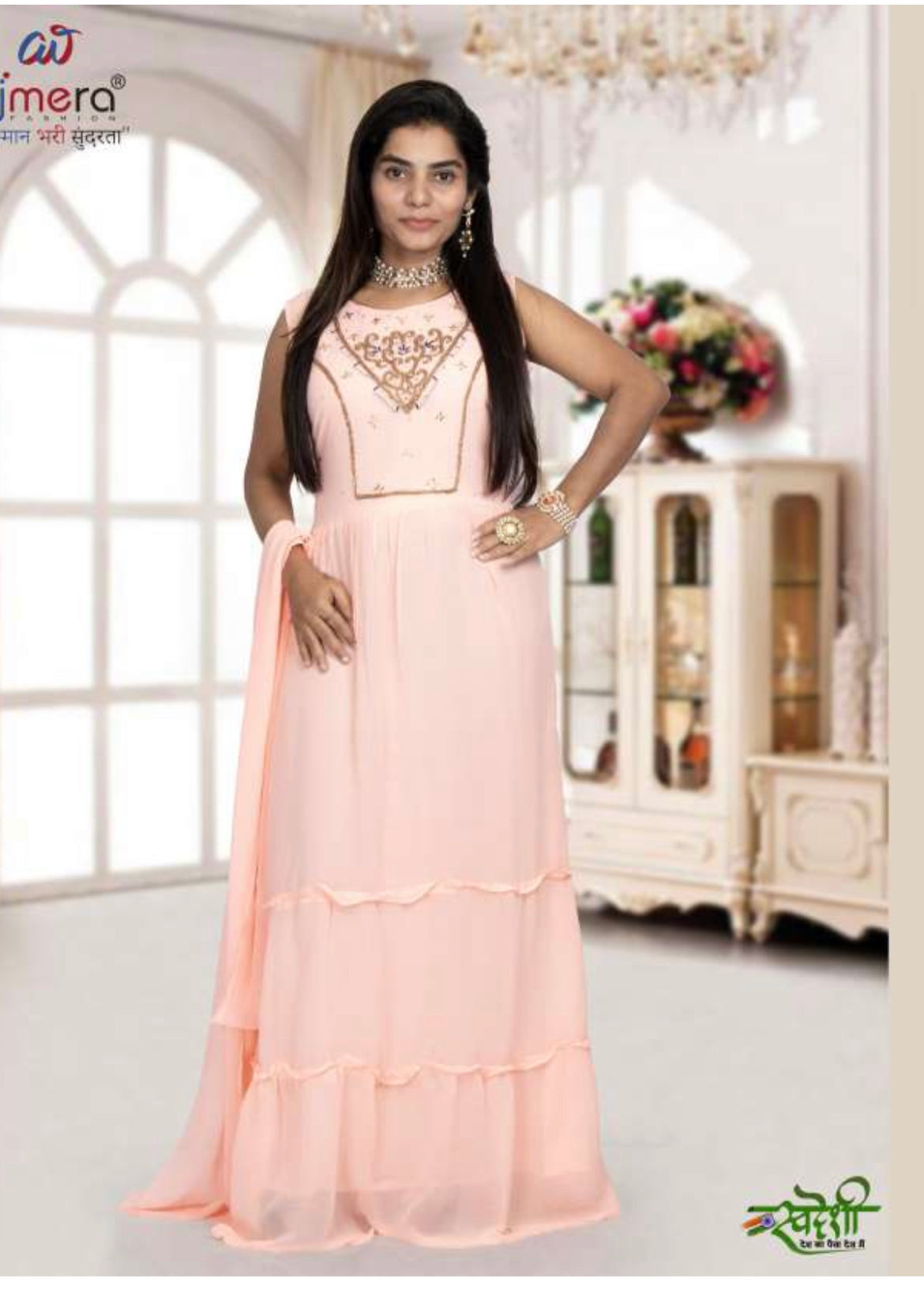 Traditional Georgette stone work long gown salwar kameez for women, showcasing elegant ethnic wear with intricate embellishments.
