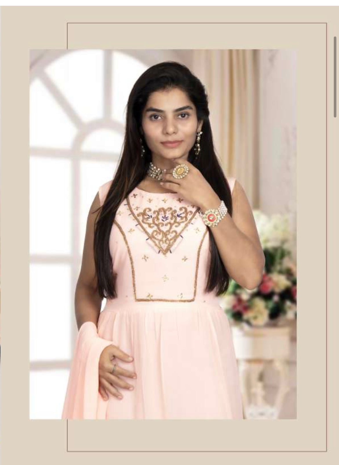 Traditional Georgette long gown with stone work, elegant ethnic wear for women, by Saree Ghor Charlotte, showcasing intricate craftsmanship.