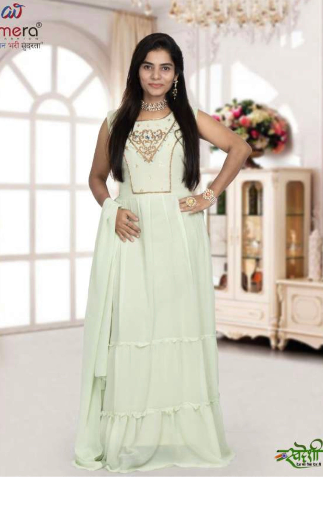 Elegant traditional Georgette stone work long Gown, ethnic wear for women, from Saree Ghor Charlotte, showcasing intricate craftsmanship.