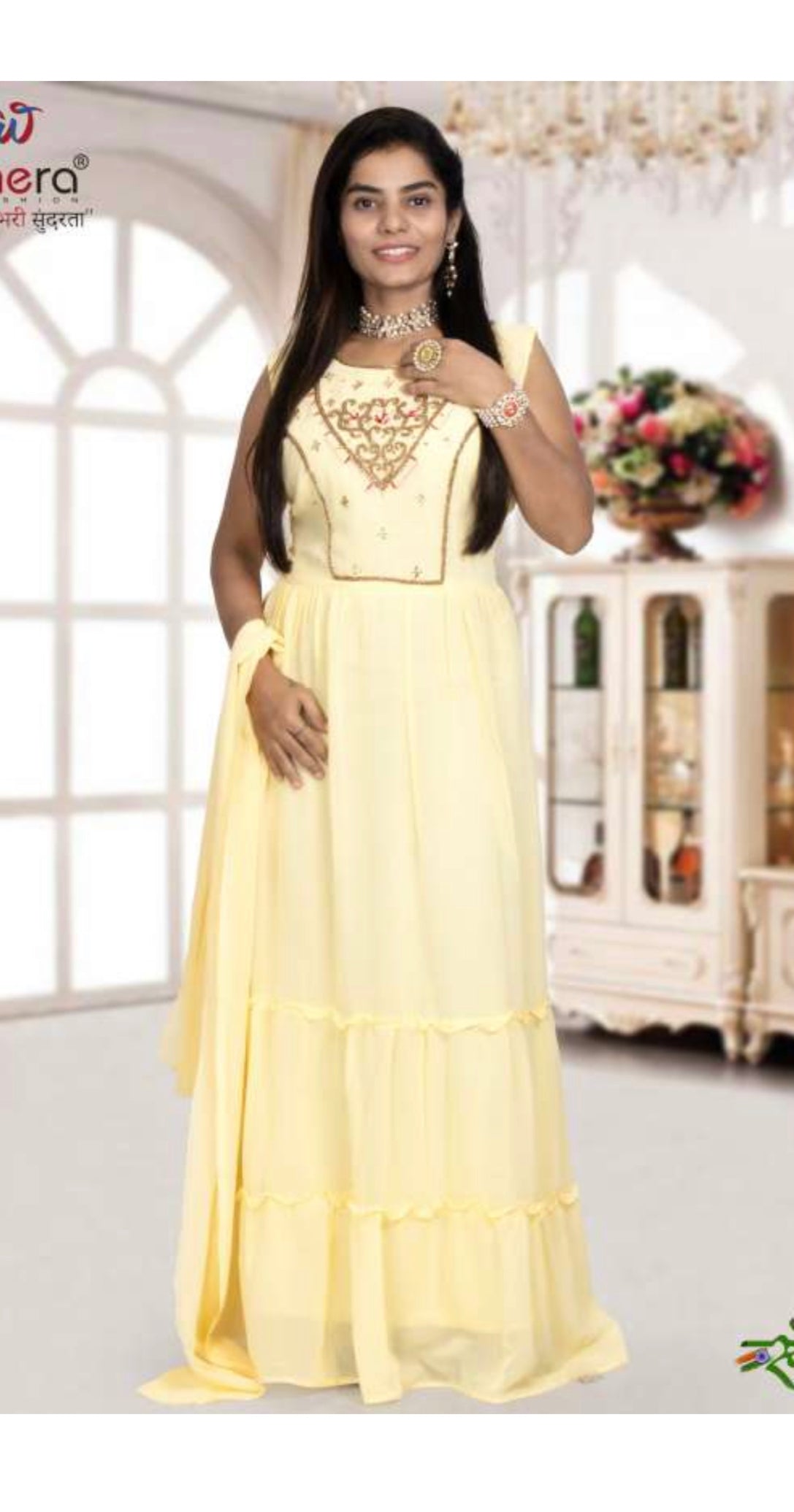 Traditional Georgette stone work long gown, ethnic salwar kameez for women by Saree Ghor Charlotte, elegant cultural wear.