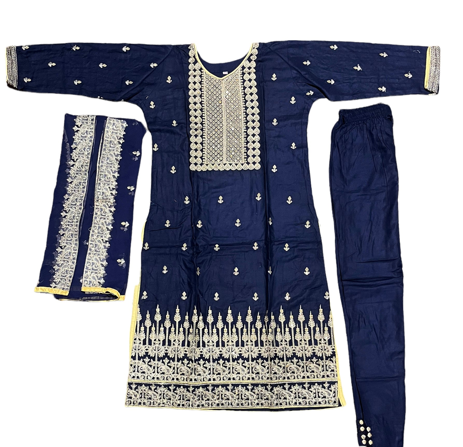 Traditional linen Salwar Kameez suit for women by Saree Ghor Charlotte, featuring intricate ethnic embroidery and vibrant design.