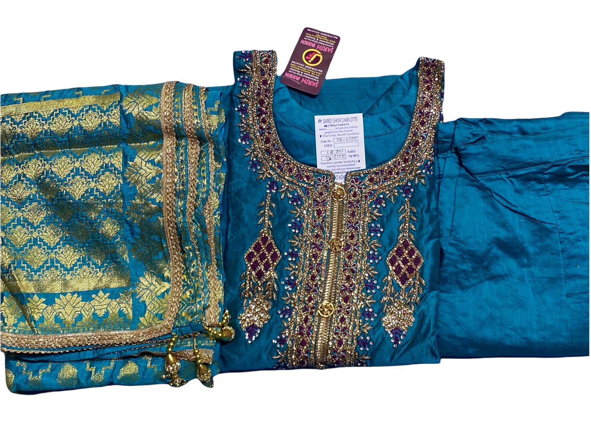 Traditional long sleeve Salwar Kameez suit from Saree Ghor Charlotte, featuring elegant ethnic design for women’s cultural wear.