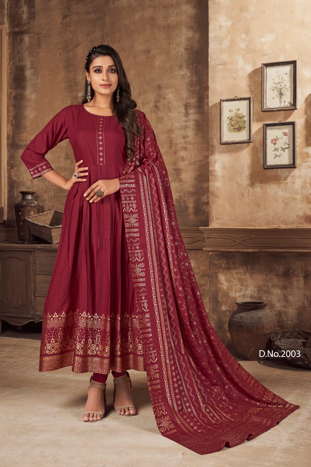 Traditional rayon printed kurti with matching dupatta, showcasing vibrant ethnic design from Saree Ghor Charlotte for women.